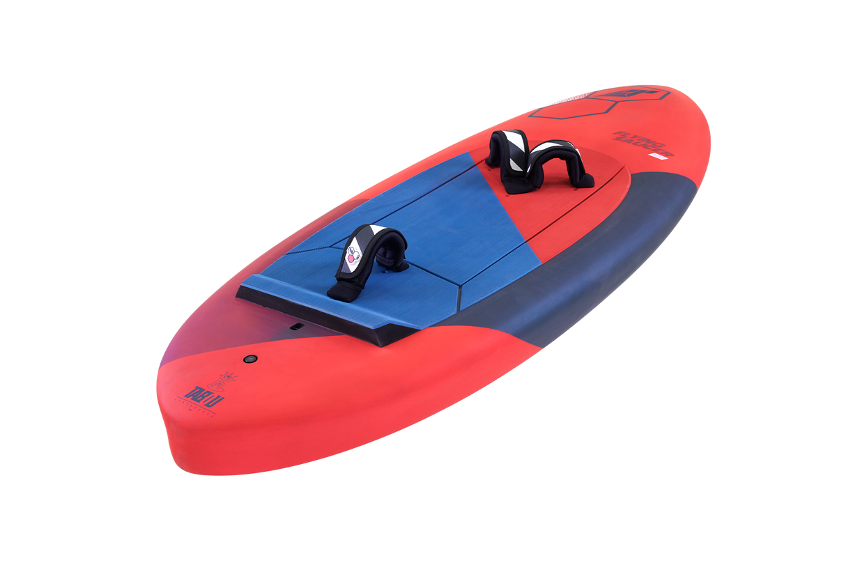 Tabou 2026 Flying Saucer Kiteboard in Rot und Blau mit zwei schwarzen Fußschlaufen, Draufsicht