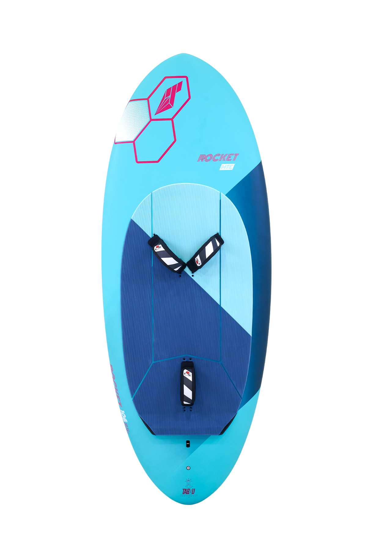 Tabou Rocket Wing MTE 2026 Wingfoil-Board in Hellblau und Dunkelblau, Draufsicht, mit Pink-accenten und Flügel-Logo