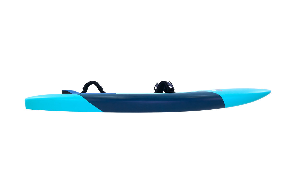 Tabou Rocket Wing MTE 2026 Kitewing in Blau und Türkis, Seitenansicht mit Griffen und Finnen