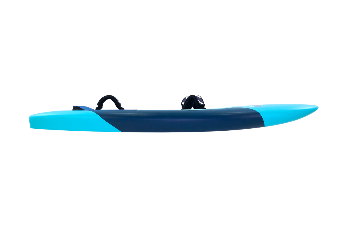 Tabou Rocket Wing MTE 2026 Kitewing in Blau und Türkis, Seitenansicht mit Griffen und Finnen