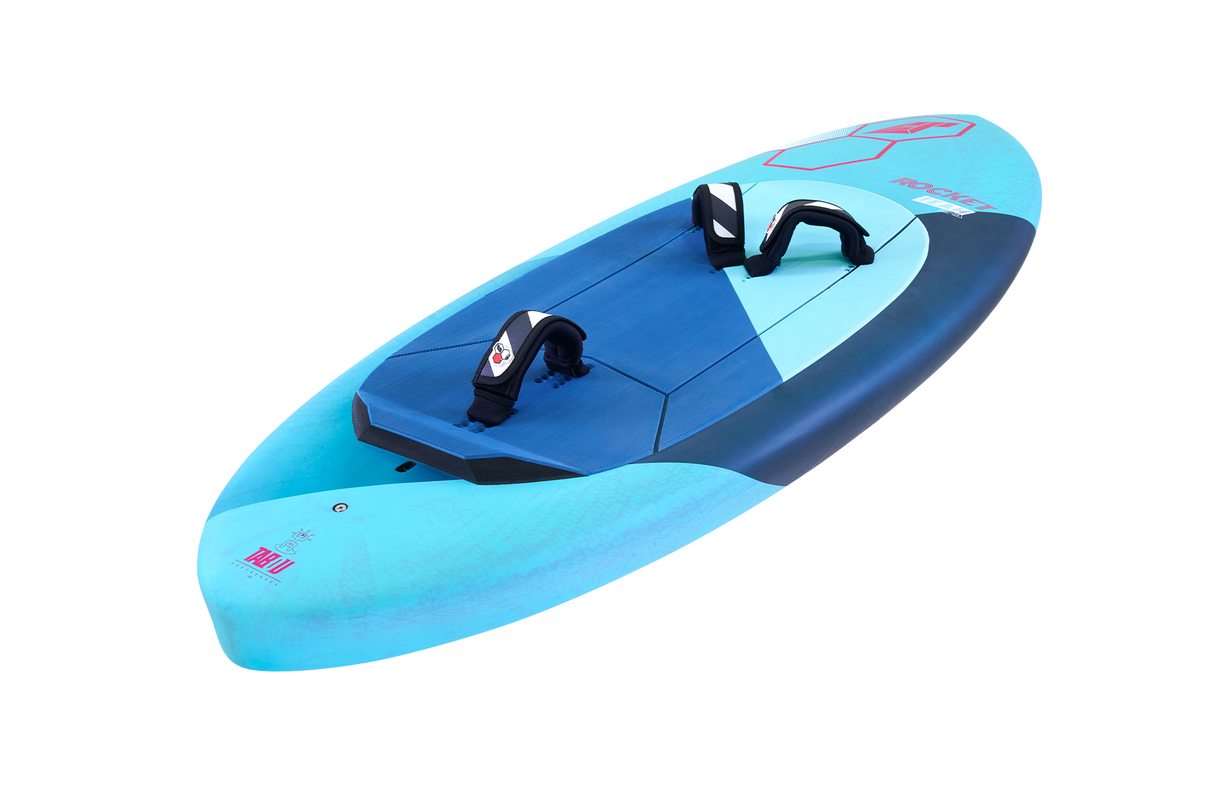 Tabou Rocket Wing Team 2026 Kiteboard in Blau mit zwei schwarzen Trapezgurten, Draufsicht auf weißem Hintergrund