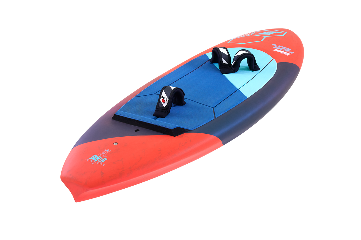 Tabou 2026 Super Yaka TEAM Kiteboard rot blau mit Finnen, Draufsicht