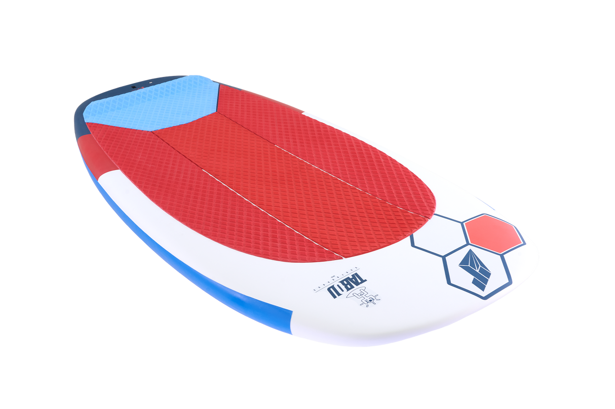 Tabou 2026 Zeppelin MTE Kiteboard rot weiß blau mit roten Textilflügeln, Draufsicht