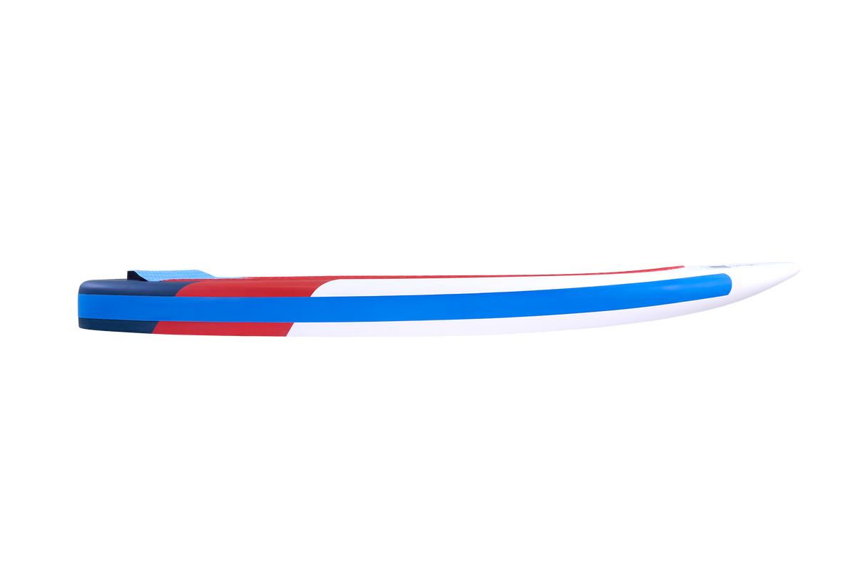 Tabou 2026 Zeppelin MTE Windsurfboard in Blau und Rot, Seitenansicht