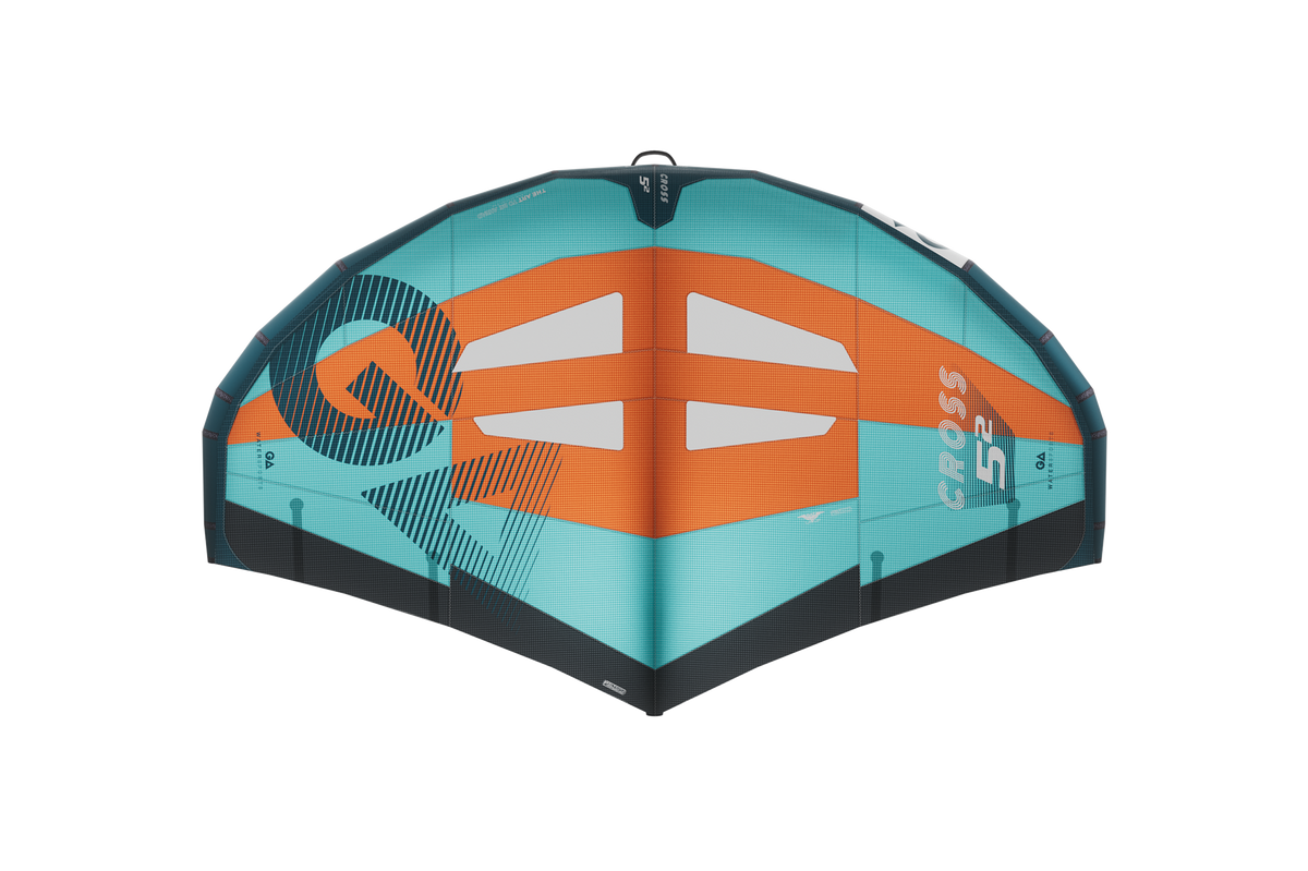 GA-Wing 2026 CROSS Kitewing in Türkis und Orange, Draufsicht auf Textilflügel mit Kreuzstreben und schwarzem Rahmen