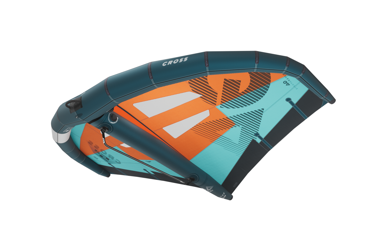 GA-Wing 2026 CROSS Kitesegel in Blau, Orange und Türkis, Draufsicht, modernes Kiteboarding-Segel mit strukturiertem Design