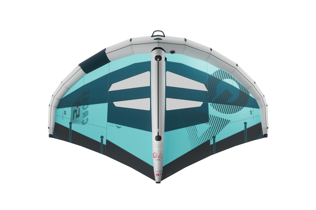 GA-Wing 2026 CROSS Kite, Türkis und Dunkelblau, Draufsicht mit sichtbarem Fenster und Struts