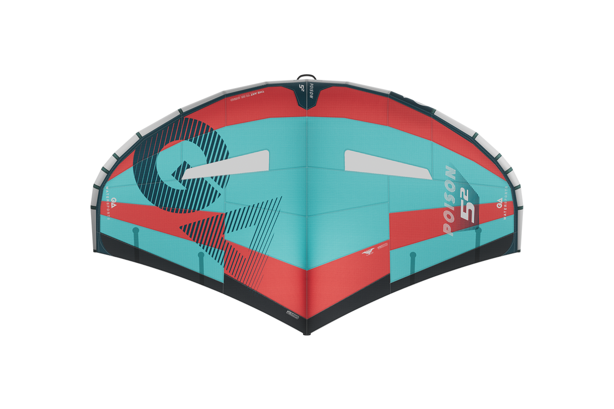 GA-Wing 2026 POISON Kite in Türkis und Rot, Draufsicht auf das aufgeblasene Wing-Foil-System mit schwarzen Details