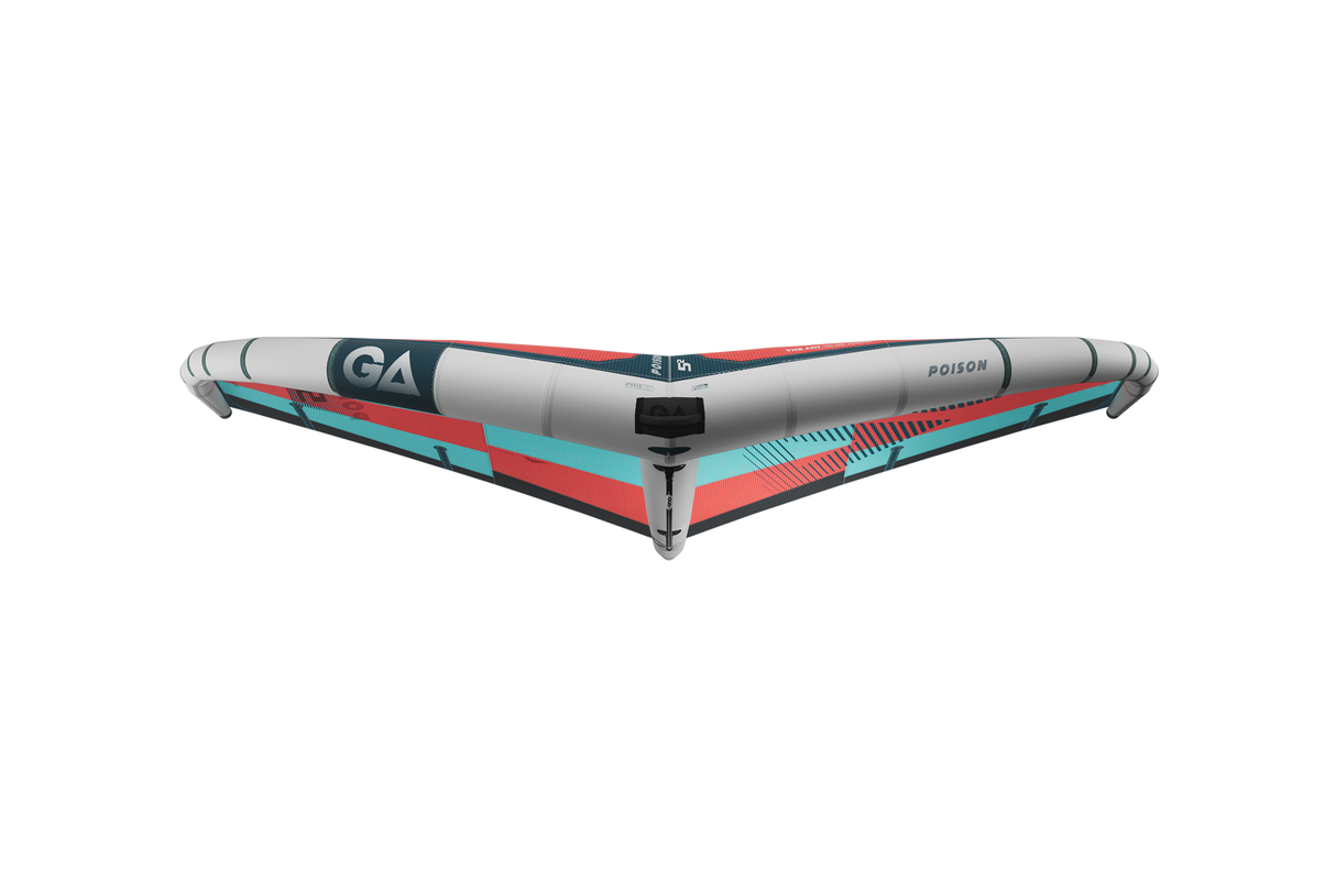GA-Wing 2026 POISON Kite grau rot blau Frontansicht mit aufblasbaren Segeln und Rahmen