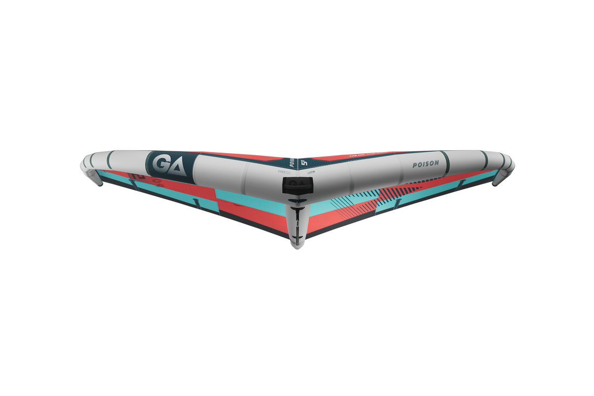 GA-Wing 2026 POISON Kite grau rot blau Frontansicht mit aufblasbaren Segeln und Rahmen