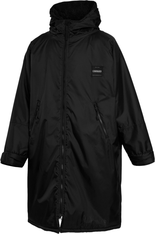 Mystic Poncho Explore schwarzer Nylon-Poncho mit Kapuze, Reißverschluss und Logo-Patch, Vorderansicht