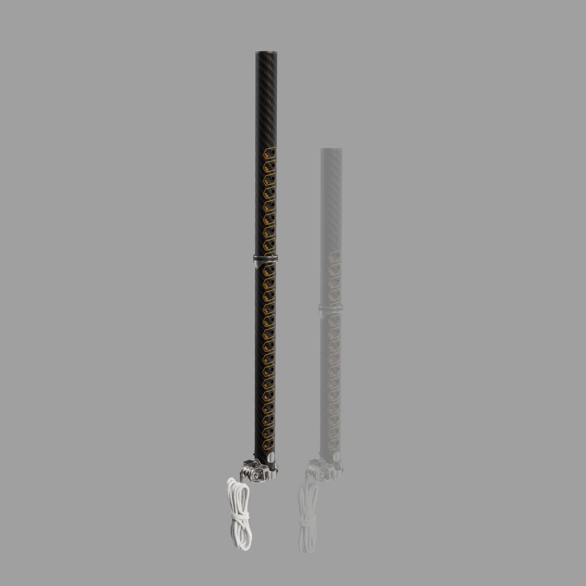 Patrik X-Tension RDM Carbon Mast, schwarzes Kohlefaser-Material mit goldenem Muster, Seitenansicht zweier Masten