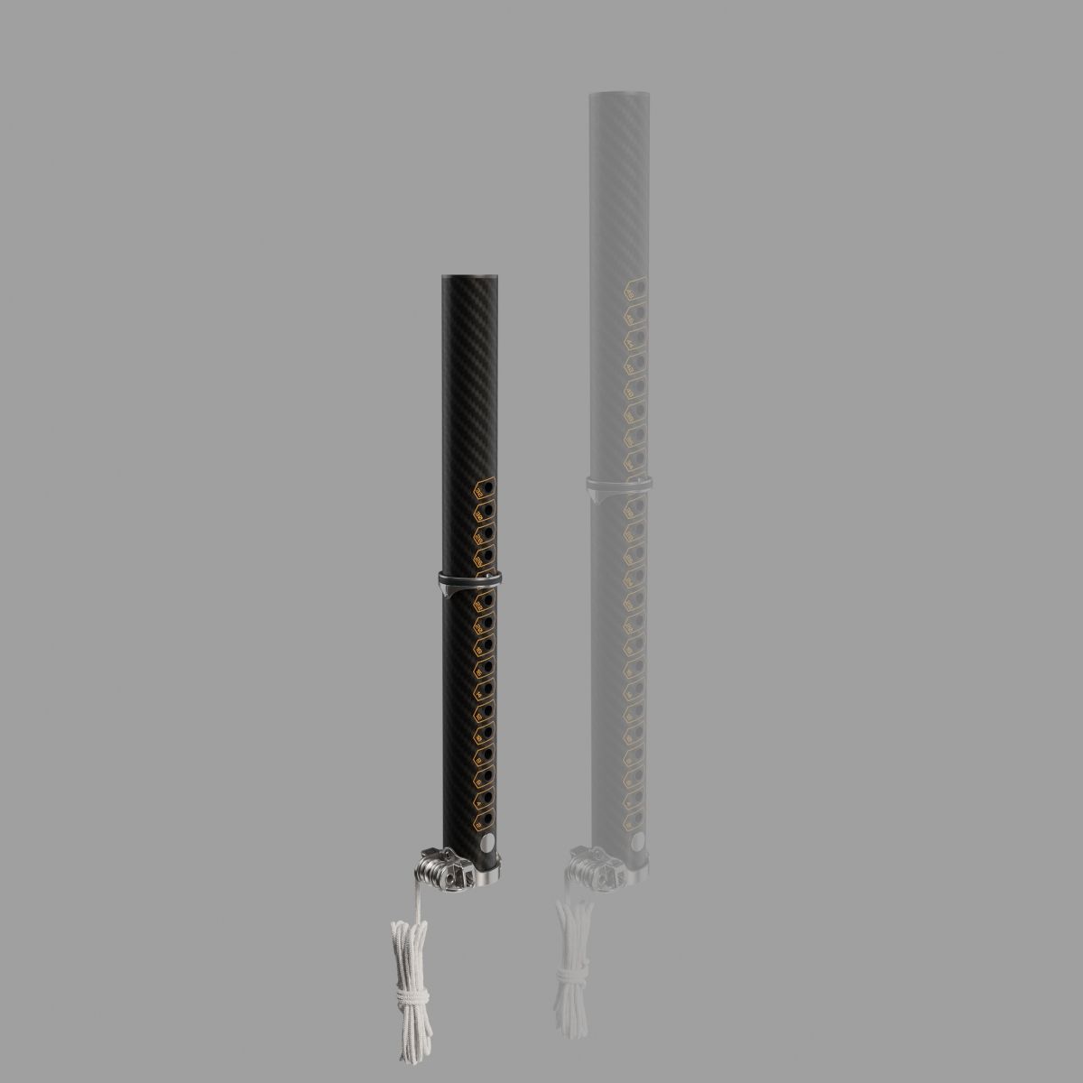 Patrik X-Tension SDM Carbon Mast in Schwarz und Grau, Carbonfaser mit Riemendetails, Frontansicht