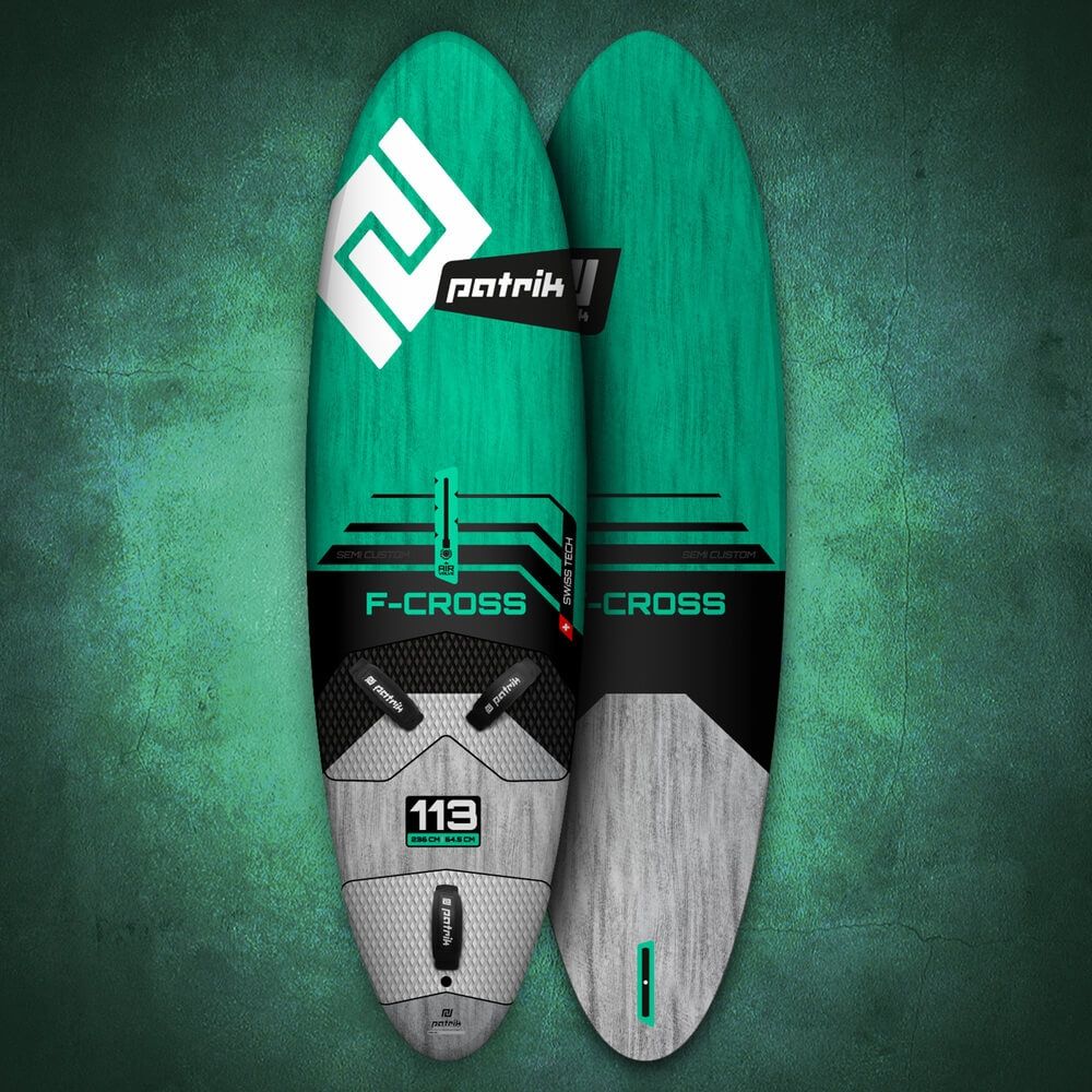 Patrik F-Cross Kiteboard grün-schwarz mit weißem Logo, Draufsicht beider Seiten, Größe 119