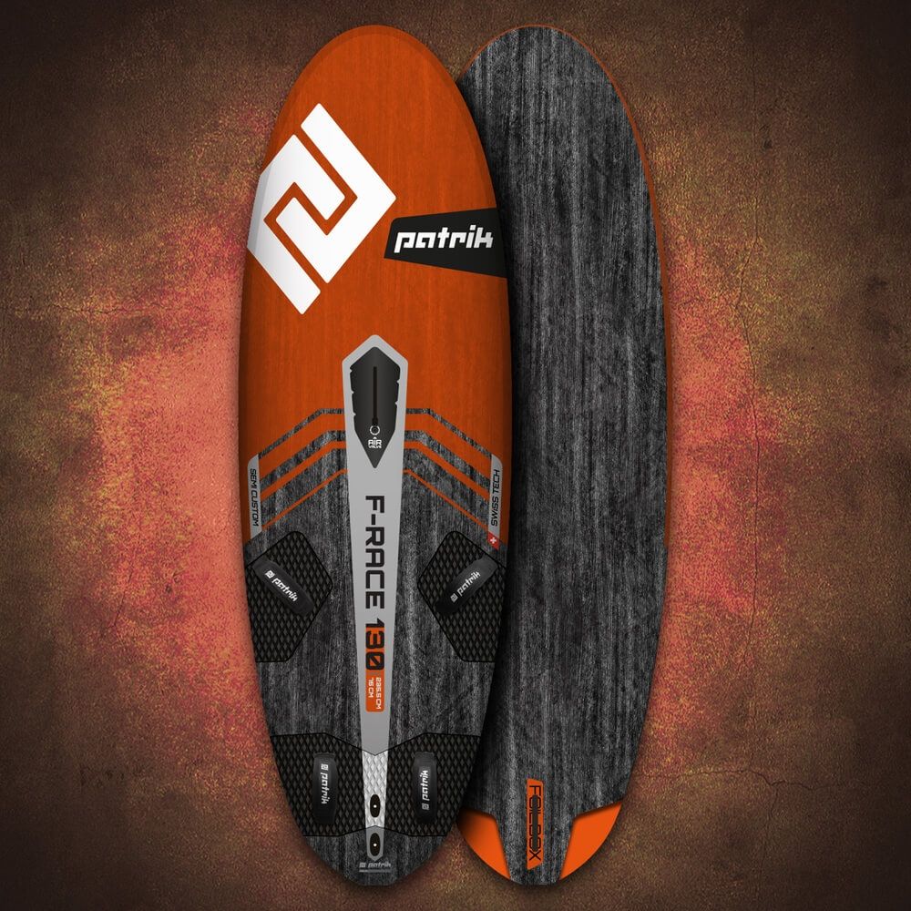 Patrik F-Race Kiteboard, orange und grau, Oberseite und Unterseite, modernes Renndesign mit Markenlogo