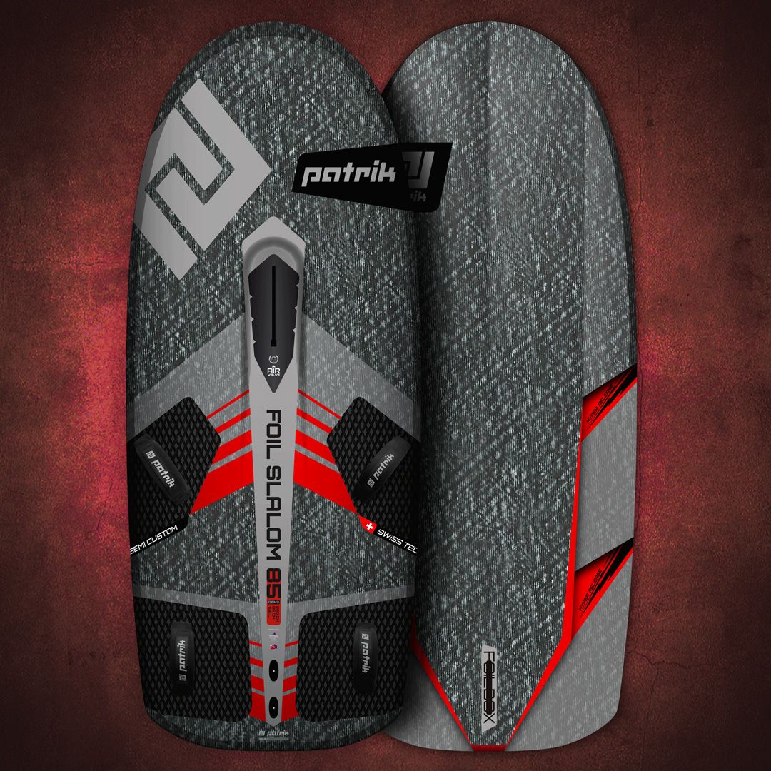 Patrik Foil Slalom Gen3 Foilboard mit grauer Oberseite und rotem Unterwasser-Design, Vorder- und Rückansicht