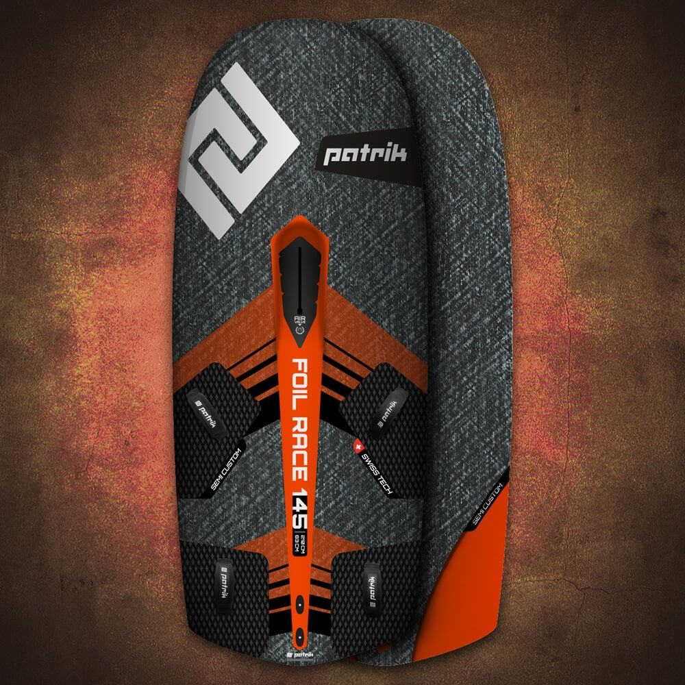 Patrik Foil Race Hydrofoil Board in Grau und Orange mit Textil-Oberflaeche, Draufsicht
