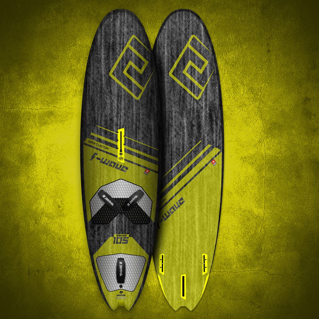 Patrik F-Wave Waveboard in Schwarz und Neongelb, Draufsicht mit geometrischen Designs und Carbon-Details