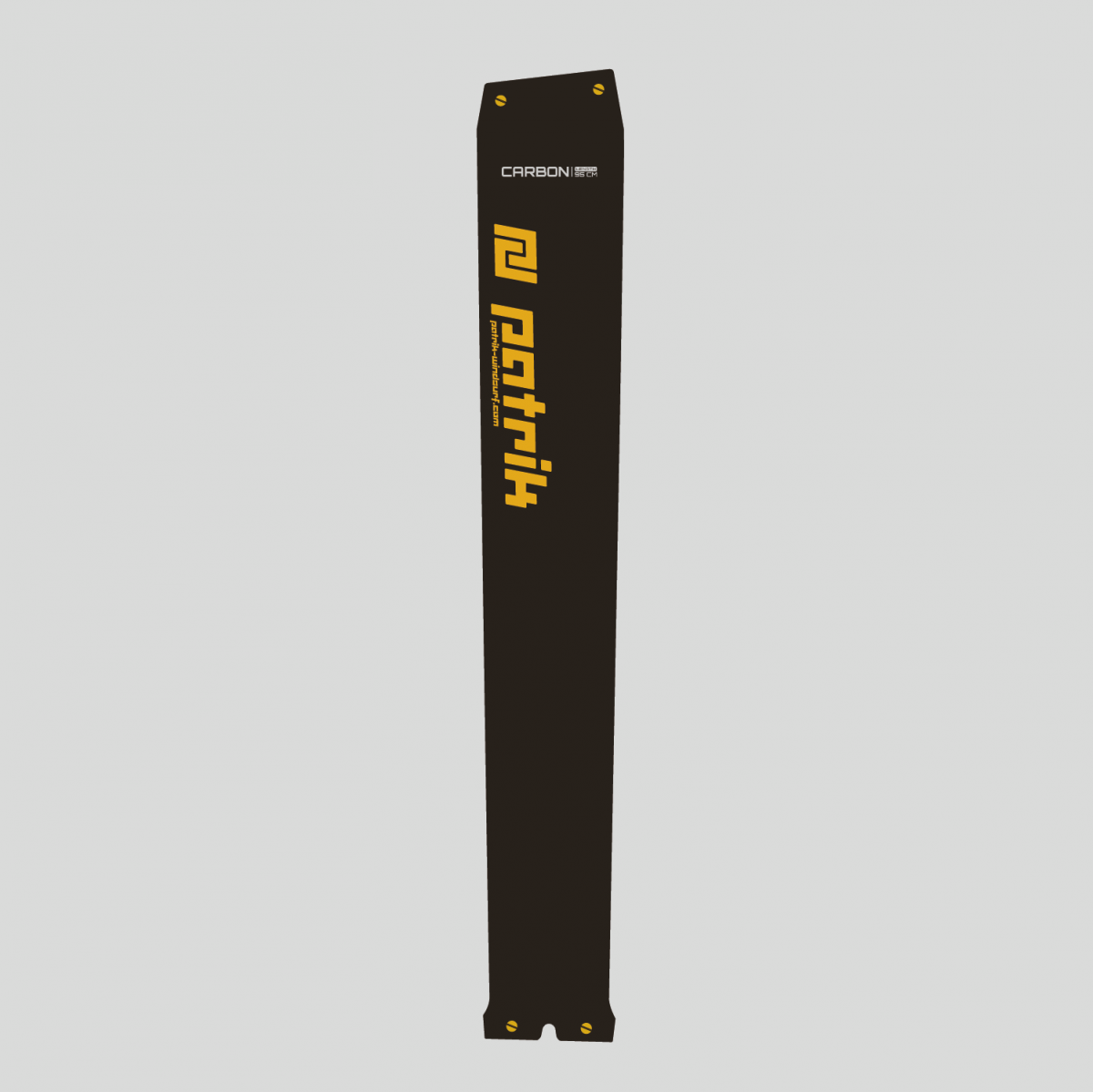 Patrik Foil Mast Carbon, schwarzer Carbonmast mit gelbem Logo, Frontansicht