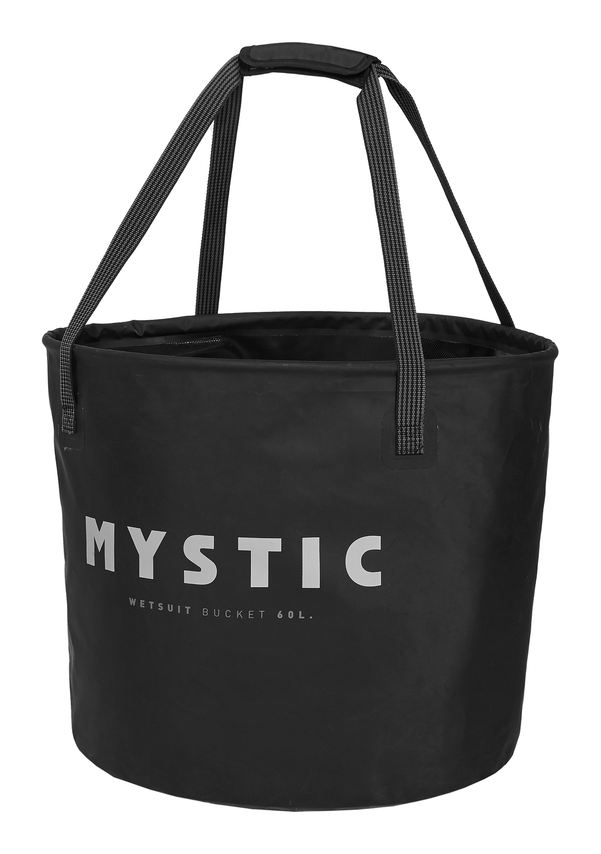 Mystic Happy Hour Wetsuit Changing Bucket 2027, schwarzer Eimer mit Tragegriffen und weißem MYSTIC-Schriftzug, Frontalansicht
