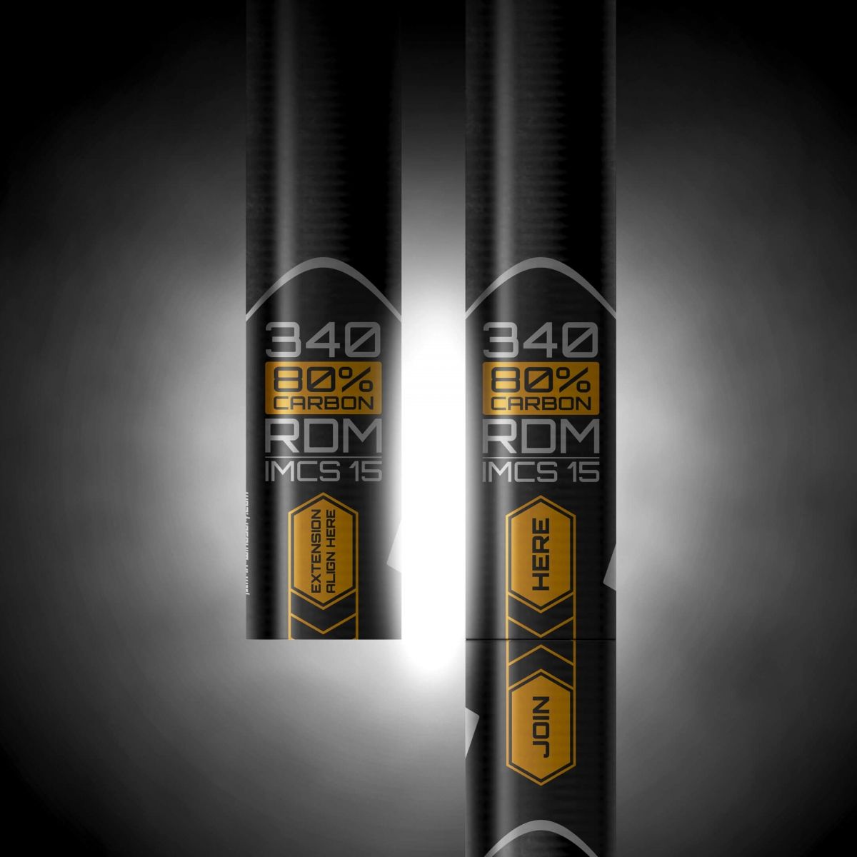 Patrik Mast RDM 80% Carbon Mast 340er schwarz-gold, Frontansicht mit Spezifikationen