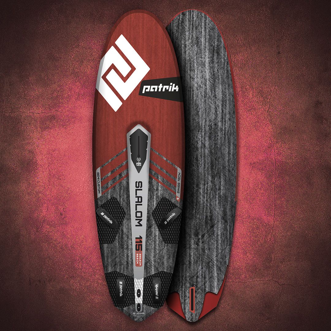 Patrik Slalom Windsurfboard in Rot und Grau, Draufsicht mit sichtbarem Logo und Carbon-Details