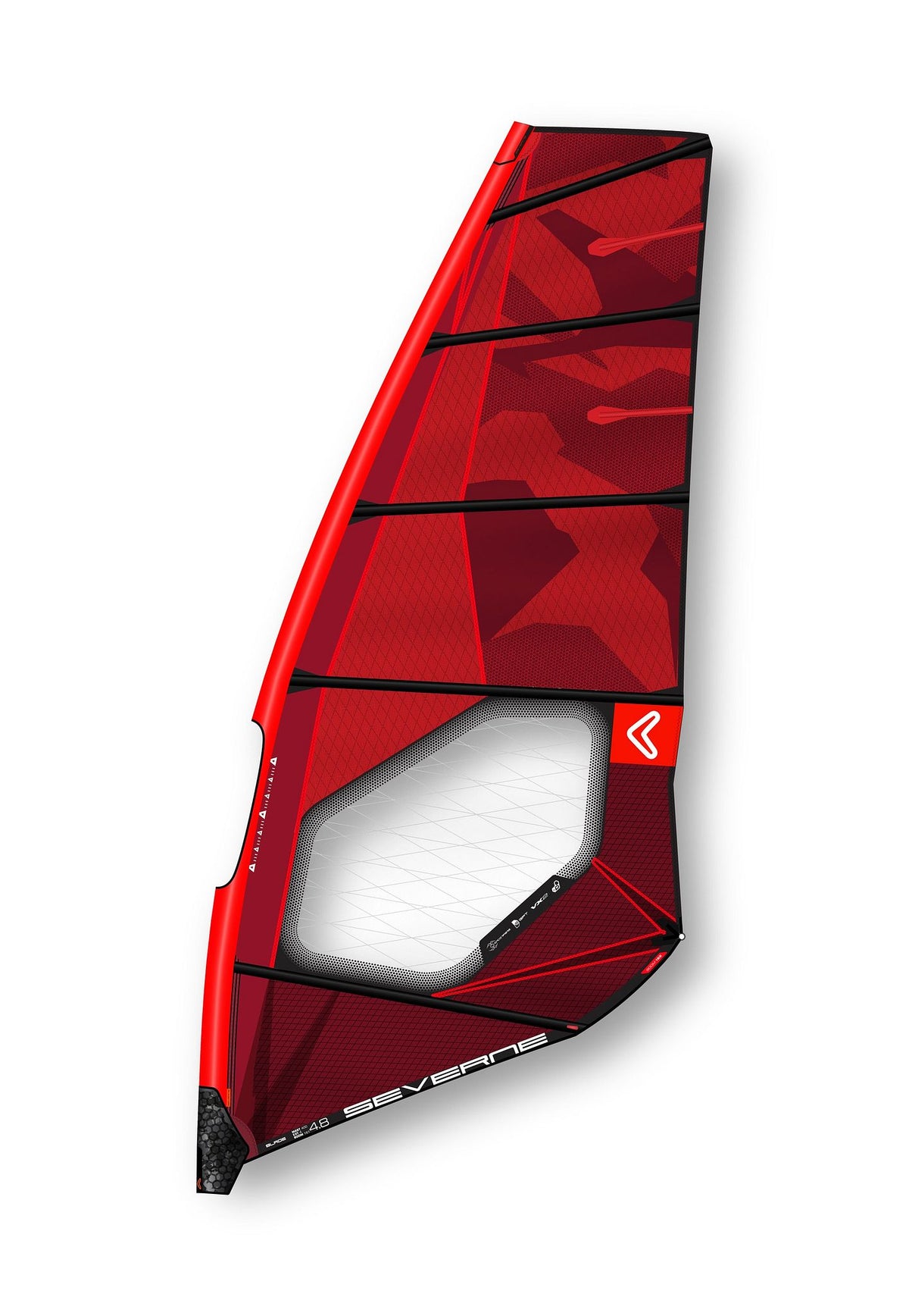 Severne 2027 Blade Windsegel in Rot mit schwarzen Batten, Seitenansicht auf weißem Hintergrund