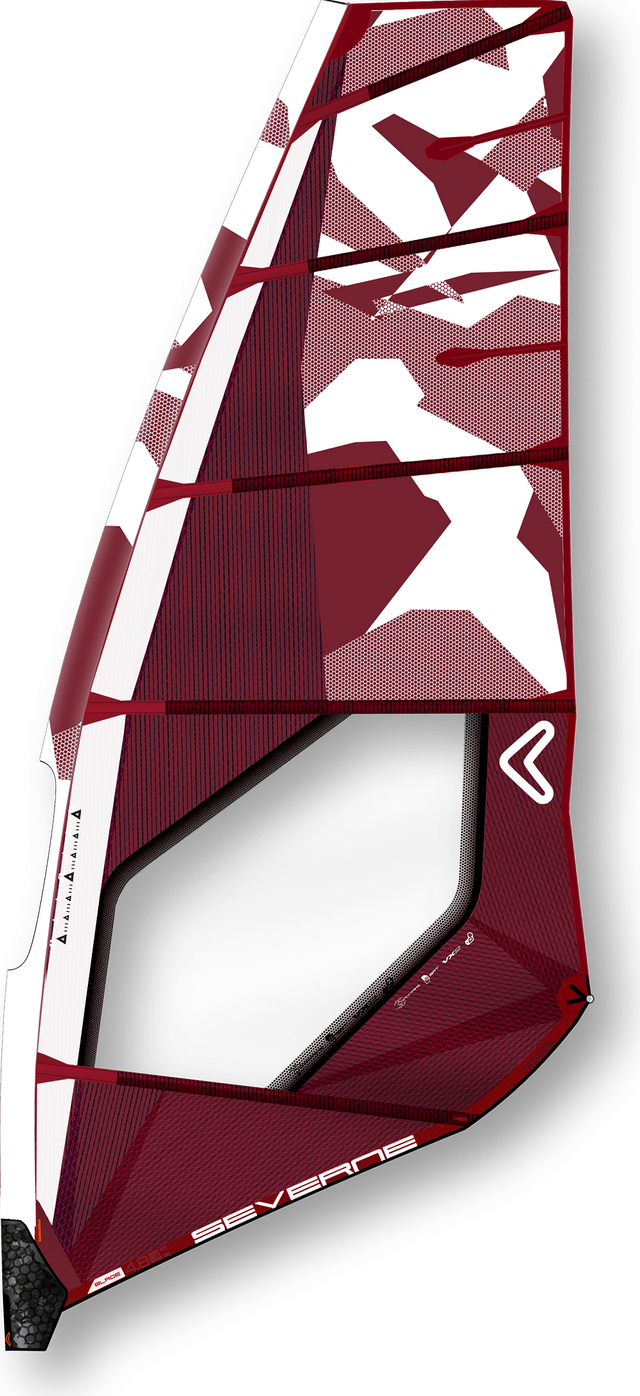 Severne 2027 Blade Pro Windsegel in Bordeaux-Rot und Weiß, Frontalansicht mit geometrischem Design