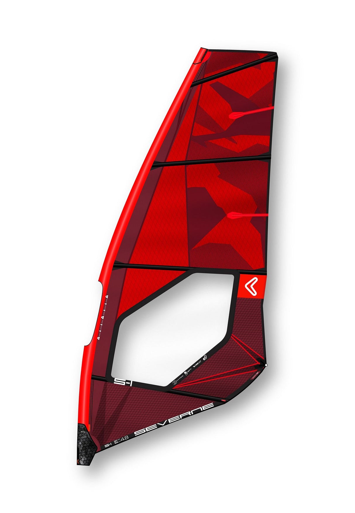 Severne 2027 S-1 Windsegel in Rot mit geometrischem Muster, Seitenansicht auf weißem Hintergrund