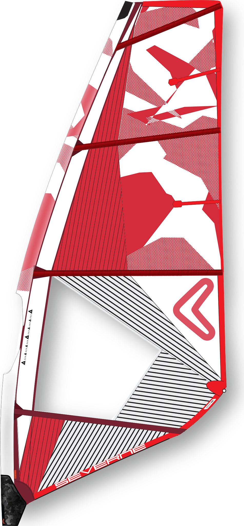 Severne 2027 S-1 Pro Windsegel in Rot und Weiß mit mehreren Segmenten, Seitenansicht auf weißem Hintergrund