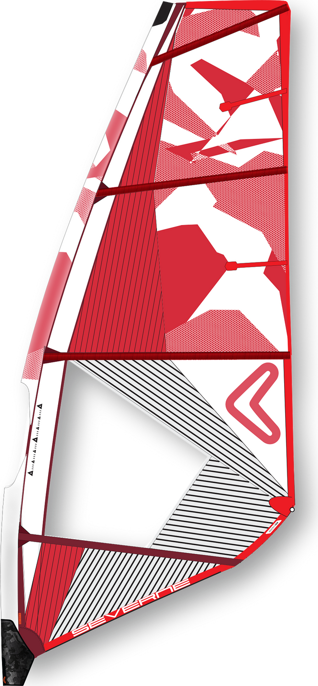 Severne 2027 S-1 Pro Windsegel in Rot und Weiß mit mehreren Segmenten, Seitenansicht auf weißem Hintergrund