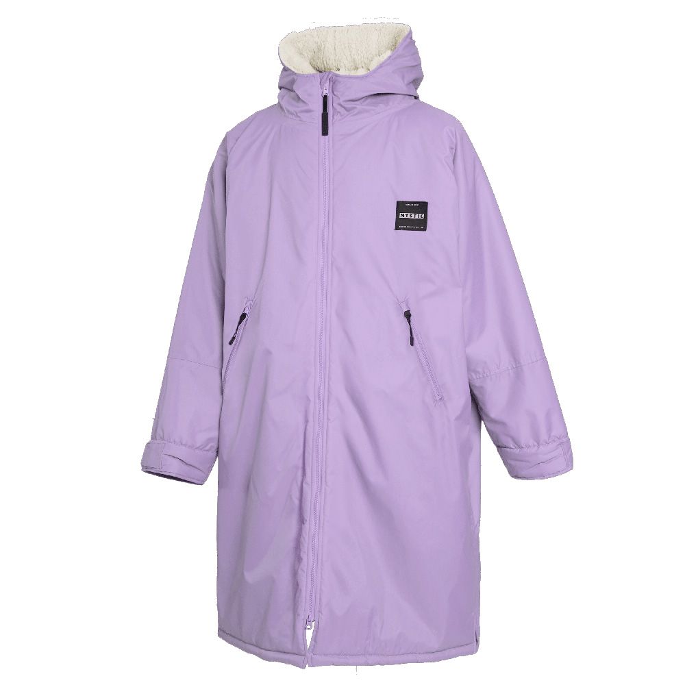 Mystic Poncho Explore Regenjacke in Lavendel mit cremefarbenem Fleece-Futter, Frontalansicht