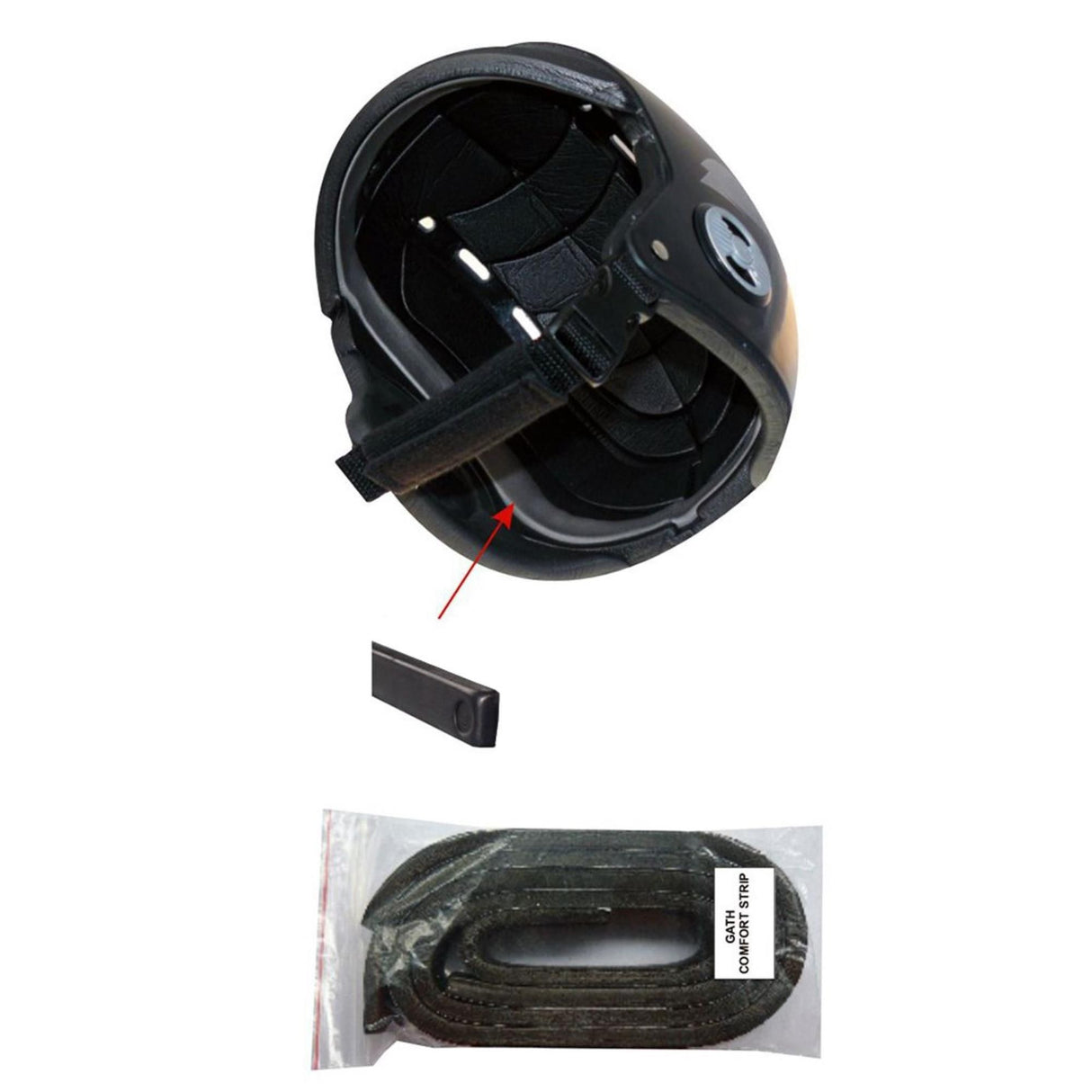 GATH Comfort Strip Polstersatz, schwarze Polsterung für Helme, Innenansicht mit Verpackung, Draufsicht