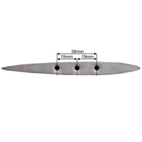 Tekknosport Kiteboard-Finne Polyester, grau, Draufsicht mit Maßangaben 38mm Breite und drei Befestigungslöcher