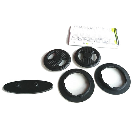 Gath Audio Vent Set für Helme, schwarze Kunststoffkomponenten mit Belüftungsgittern und Schaumstoffen, Draufsicht mit Anleitung