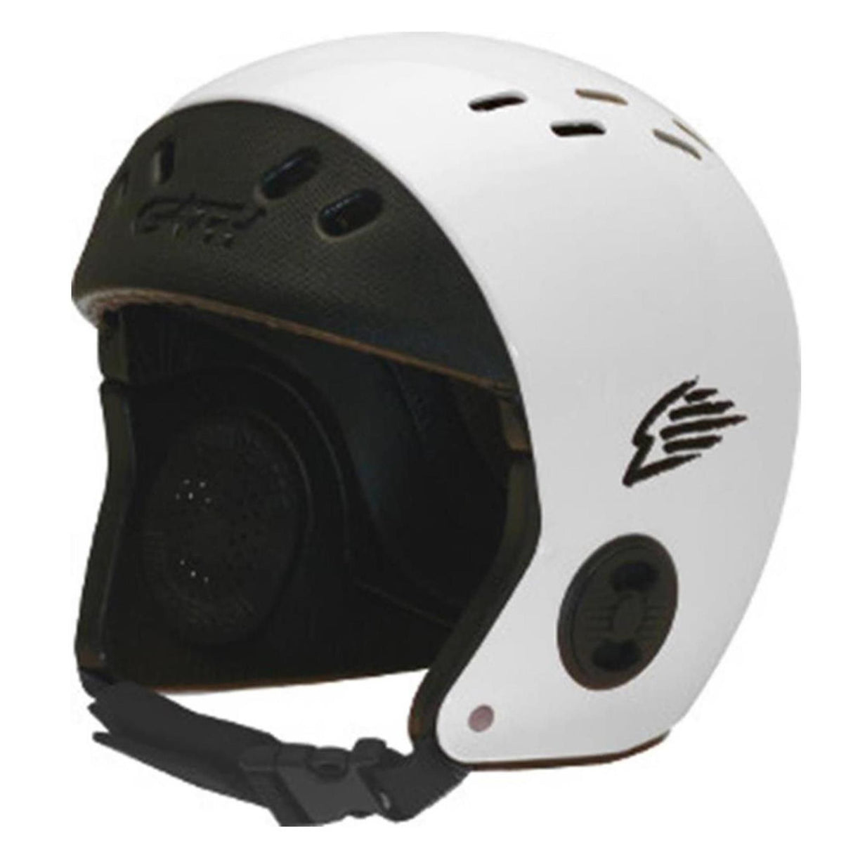 GATH Wassersport Helm Standard Hat EVA in Weiß mit schwarzem Innenfutter, Belüftungslöcher und Kinnriemen, Seitenansicht