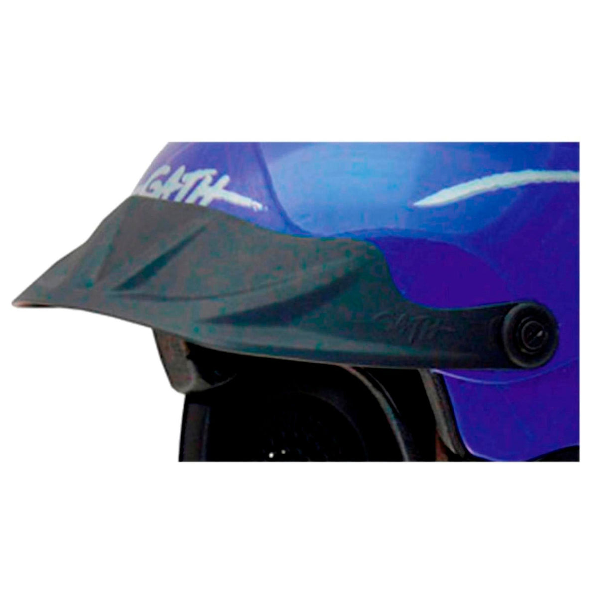 Gath Ribbed Peak Helmschild schwarz mit gerippter Textur, montiert auf blauem Helm, Seitenansicht