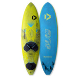 Duotone Cosmic D/LAB Kiteboard 2027, Duoton-Design in Gelb und Blau, Ansicht von oben und unten, inklusive Finnen