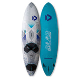 Duotone Cosmic Wakeboard in Grau und Türkis, Draufsicht von Deck und Bottom, mit D/LAB Logo und Finnen