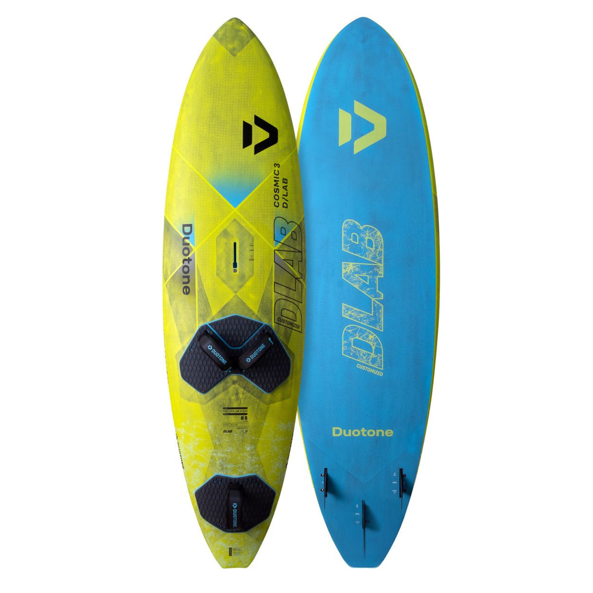 Duotone Cosmic D/LAB Kiteboard in Gelb und Blau, Draufsicht und Unterseite mit Finnen, 2027er Modell