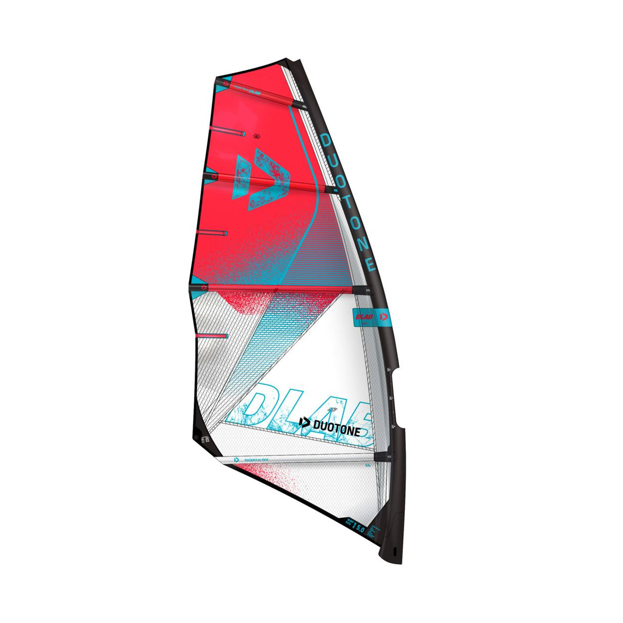 Duotone Super_Hero D/LAB 2027 Windsegel Rot Weiß mit blauem Design und schwarzem Rahmen