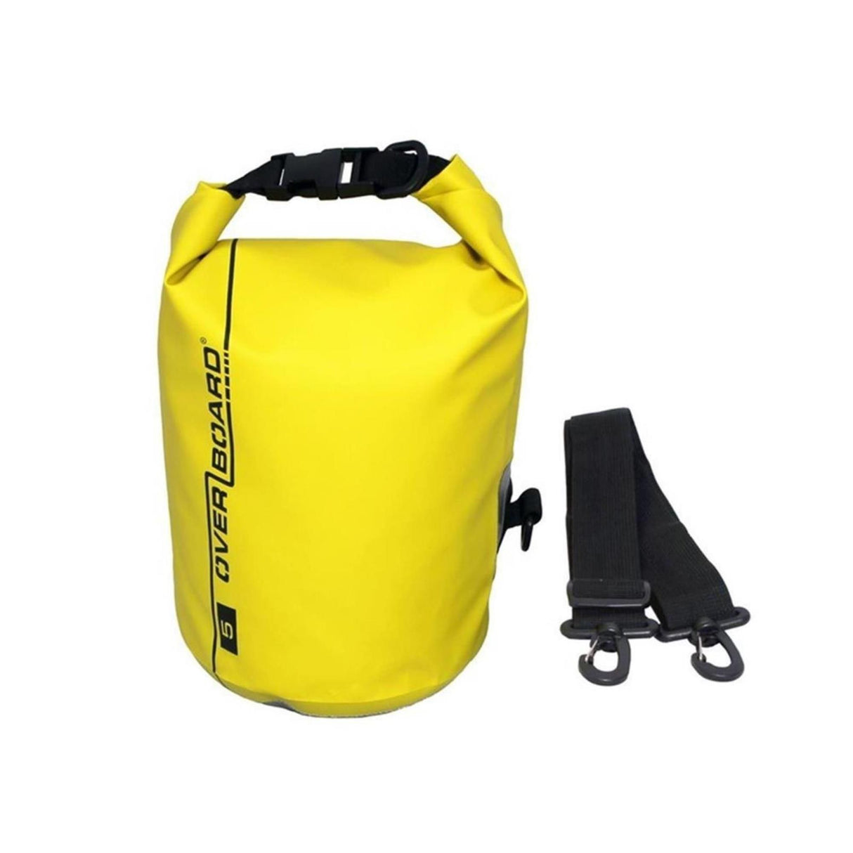 OverBoard wasserdichter Packsack 5 Liter in Gelb mit schwarzem Verschluss und Tragegurt, Frontansicht
