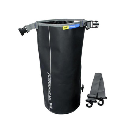 OverBoard wasserdichter Packsack 5L schwarz mit Schultergurt und Verschlussclip, Frontalansicht