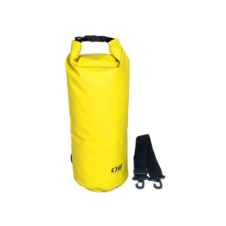 OverBoard wasserdichter Packsack 12 Liter in Gelb mit schwarzen Griffen und Tragegurt, Frontansicht
