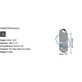 OverBoard wasserdichter Packsack 12L grau mit Maßangaben, Seitenansicht, robuste Konstruktion