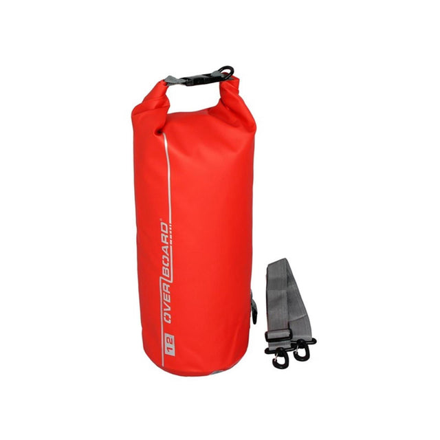 OverBoard wasserdichter Packsack 12 Liter rot mit Rollverschluss und Schultergurt, Frontansicht