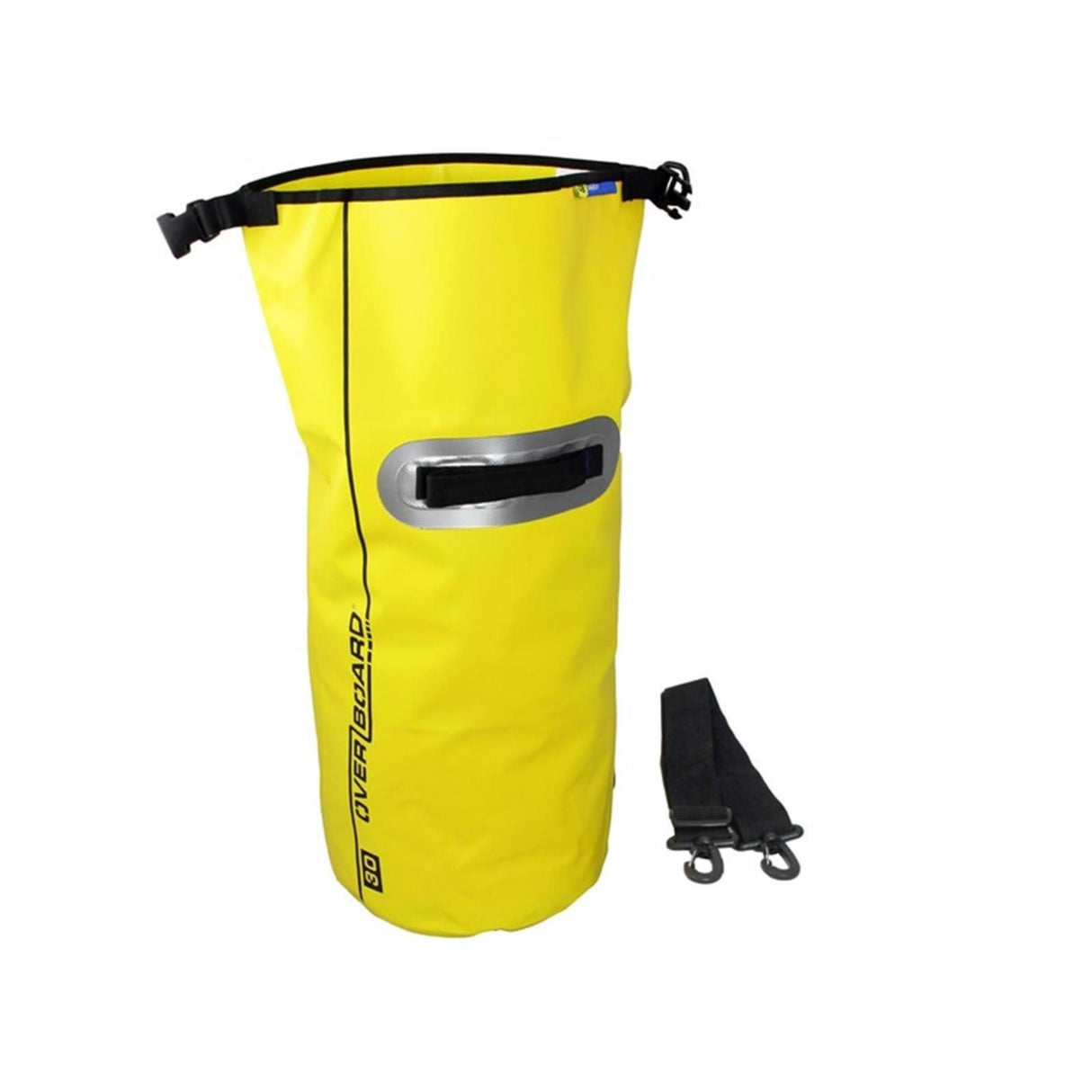 OverBoard wasserdichter Packsack 30L in Gelb mit schwarzem Tragegurt und Ventil, Frontansicht