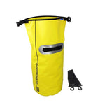 OverBoard wasserdichter Packsack 30L in Gelb mit schwarzem Tragegurt und Ventil, Frontansicht