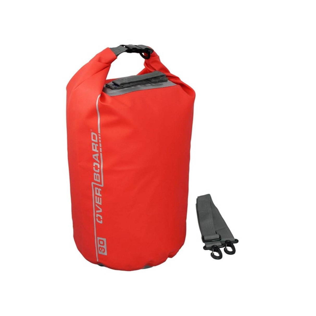 OverBoard wasserdichter Packsack 30L rot mit schwarzem Rollverschluss und Tragegurt, Frontalansicht