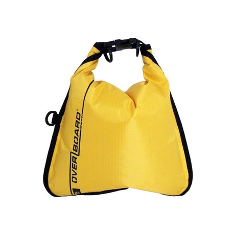 OverBoard wasserdichte Tasche 5L gelb mit schwarzem Tragegriff, Frontansicht